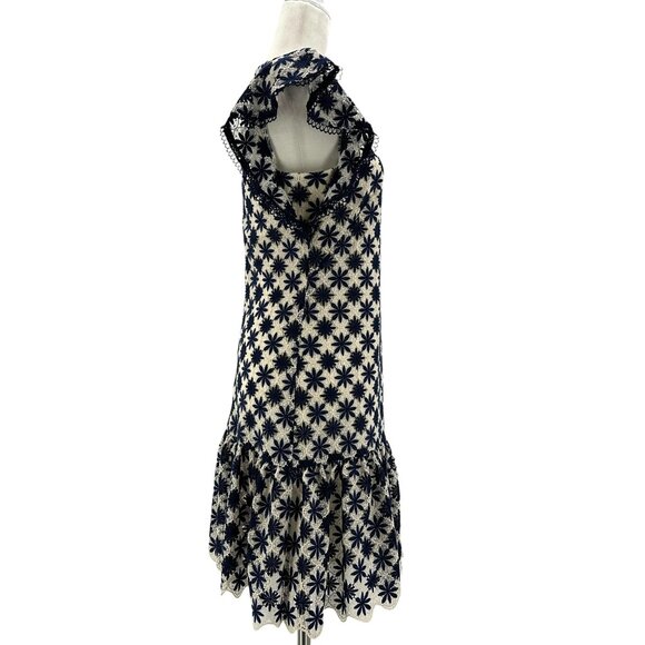 Shoshanna Womens 6 Dress Kassia Mini Embroidered Floral Lace Navy Ivory - Picture 5 of 10